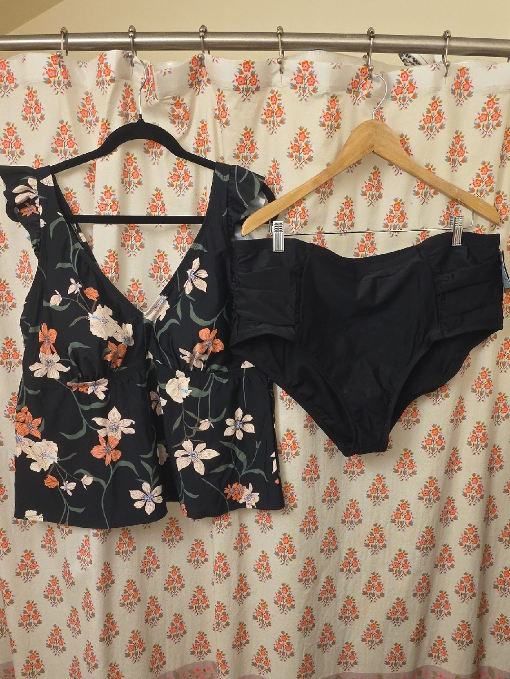 Shade & Shore Black Floral Tankini Top and Black High-Waist Bikini Bottoms